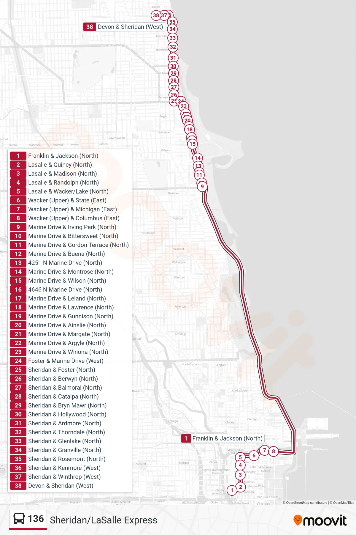 136 bus Line (Devon & Sheridan (West)) route and stops on a map