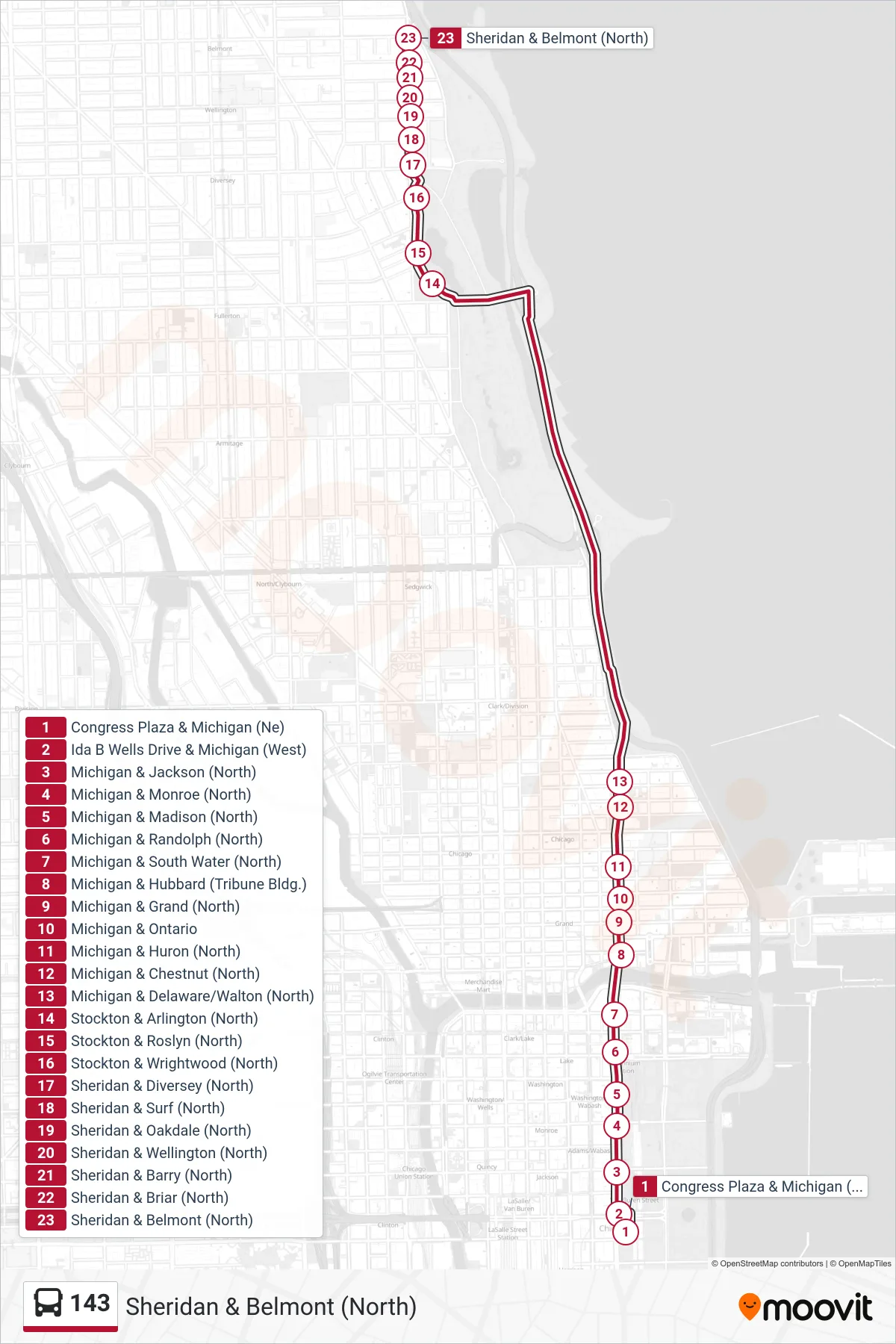 143 bus Line (Sheridan & Belmont (North)) route and stops on a map