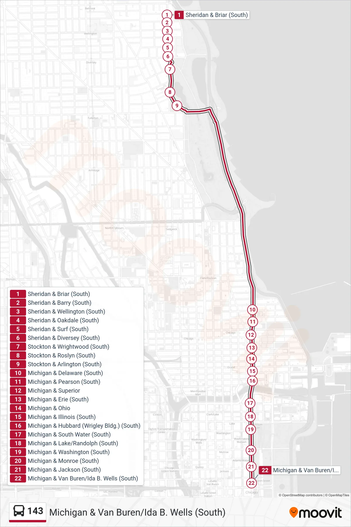 143 bus Line (Michigan & Van Buren/Ida B. Wells (South)) route and stops on a map