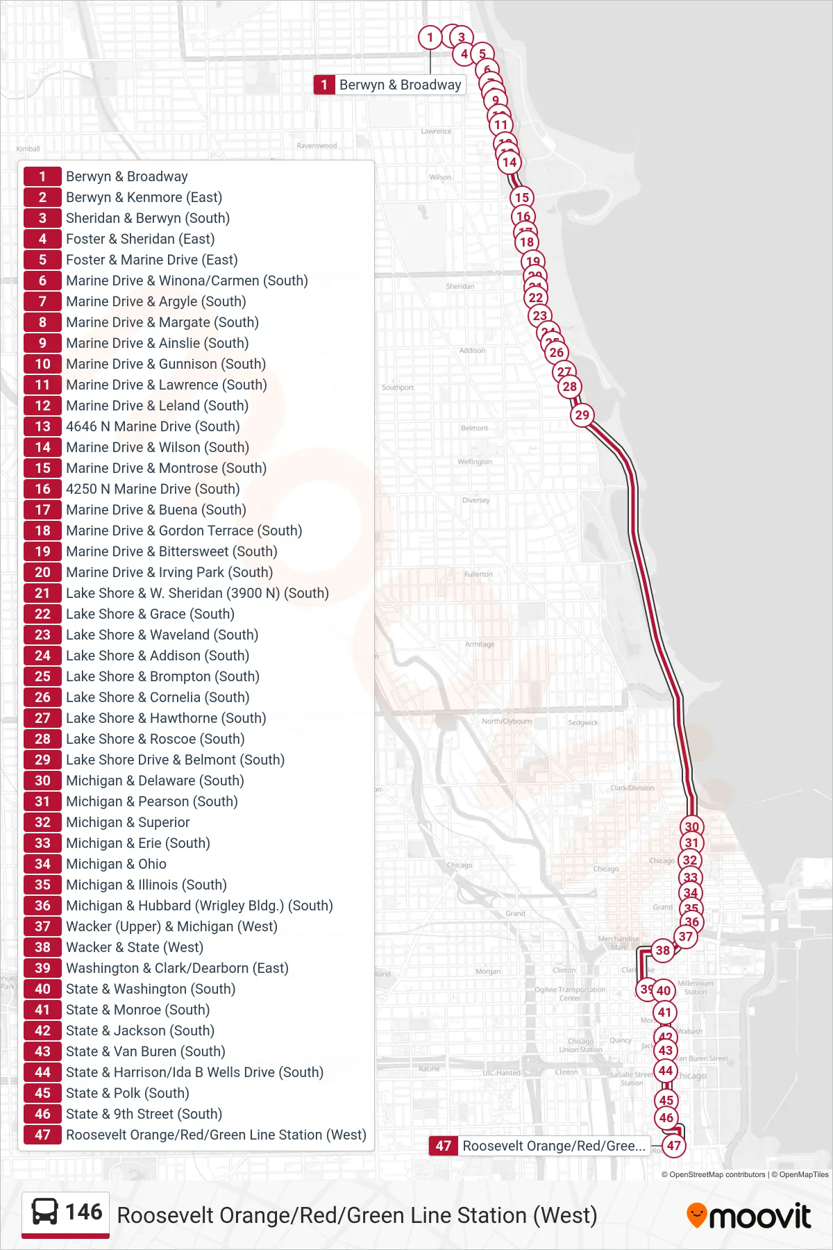 146 bus Line (Roosevelt Orange/Red/Green Line Station (West)) route and stops on a map