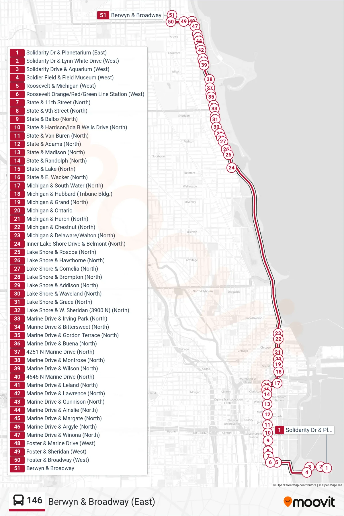146 bus Line (Berwyn & Broadway (East)) route and stops on a map