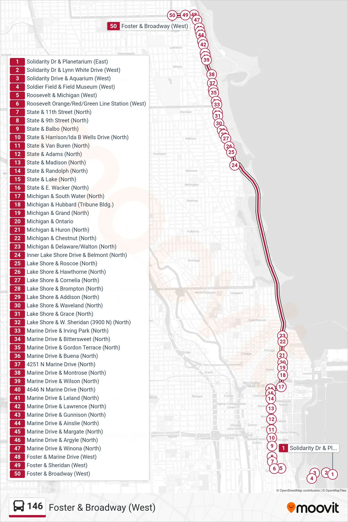 146 bus Line (Foster & Broadway (West)) route and stops on a map