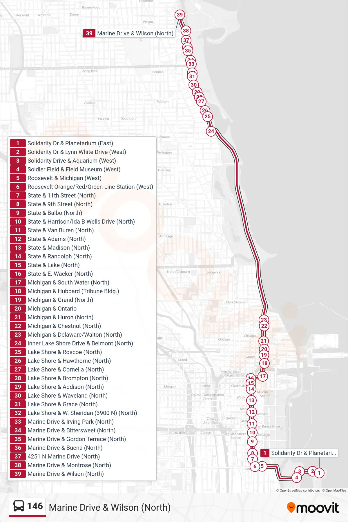 146 bus Line (Marine Drive & Wilson (North)) route and stops on a map