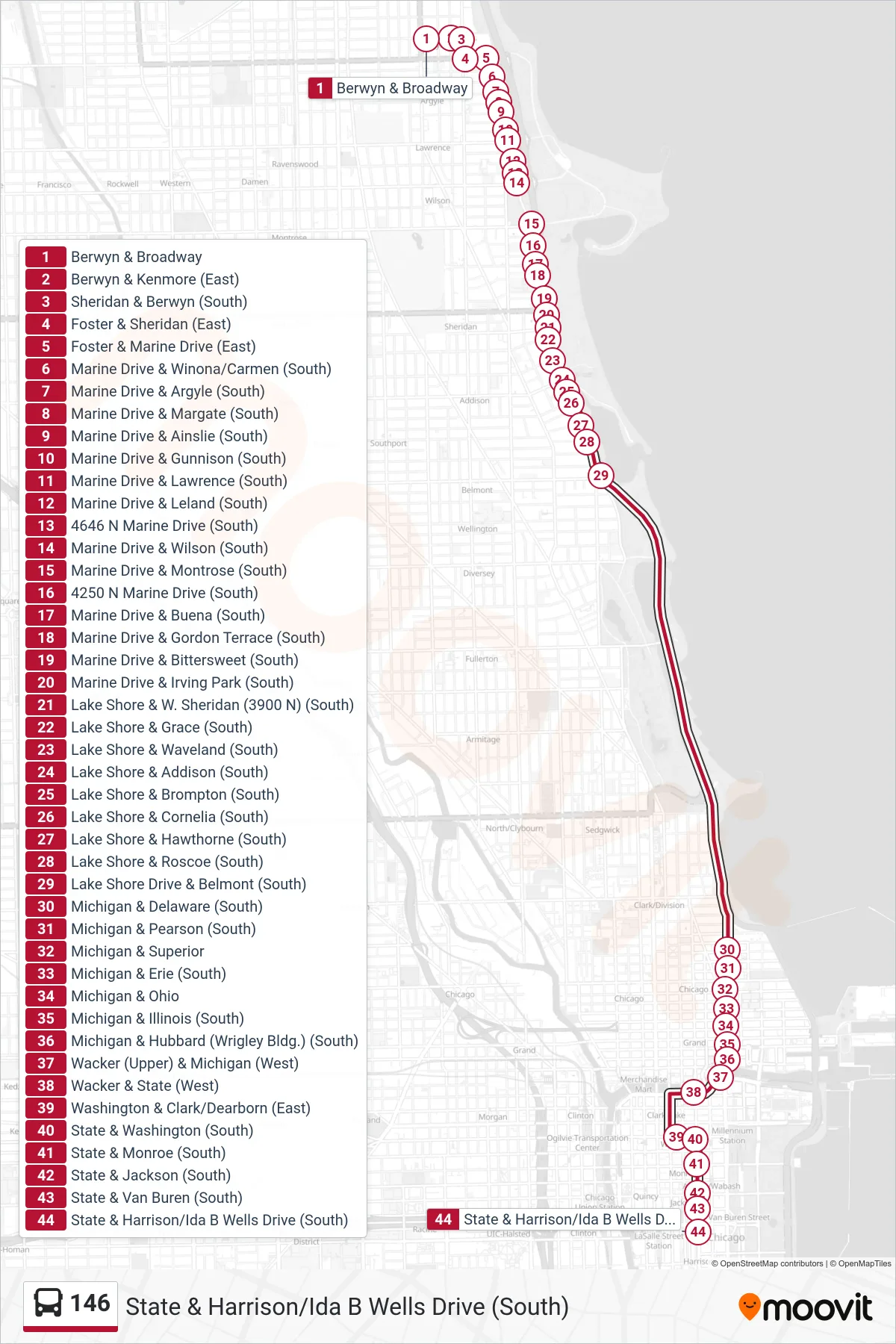 146 bus Line (State & Harrison/Ida B Wells Drive (South)) route and stops on a map