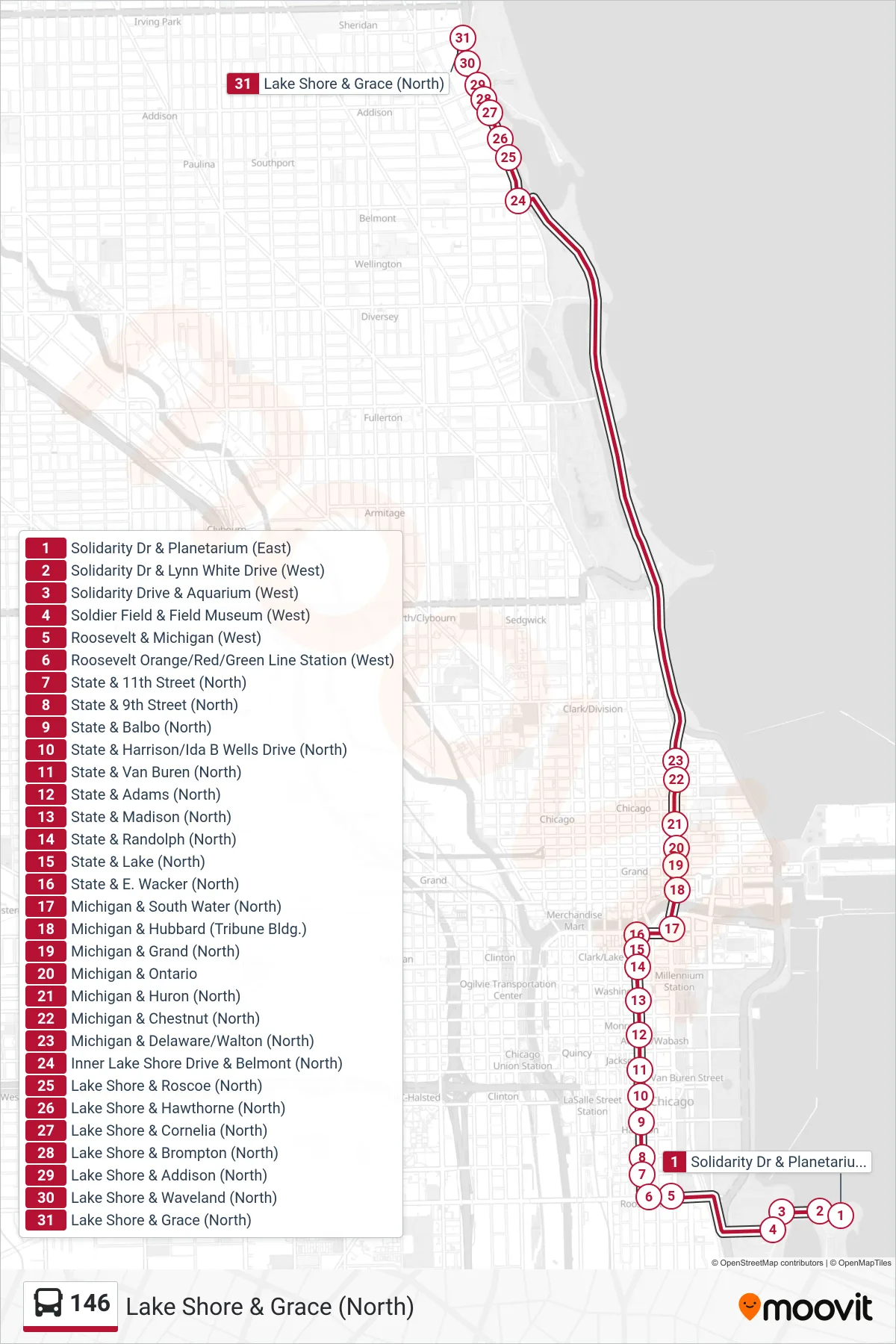 146 bus Line (Lake Shore & Grace (North)) route and stops on a map