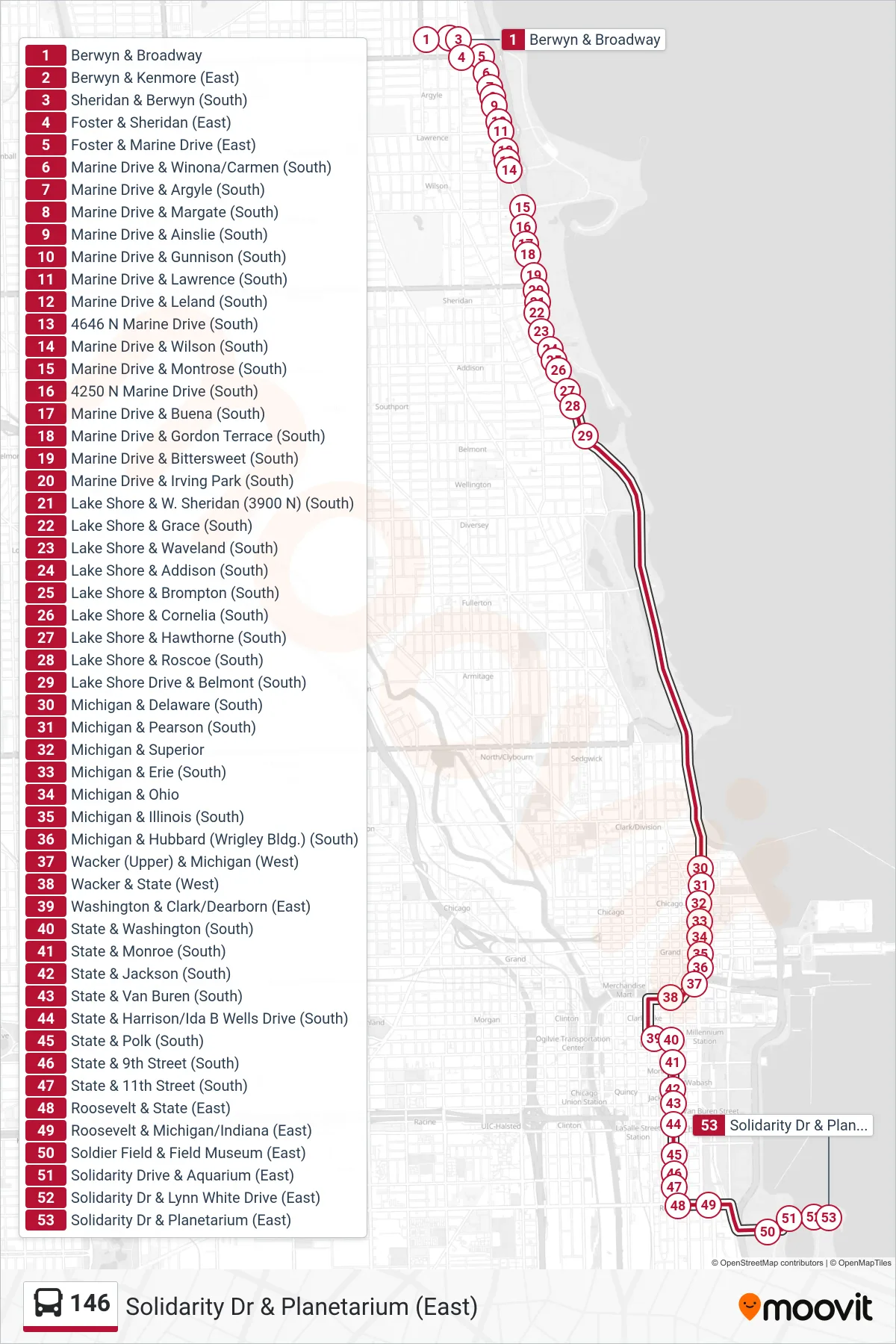 146 bus Line (Solidarity Dr & Planetarium (East)) route and stops on a map