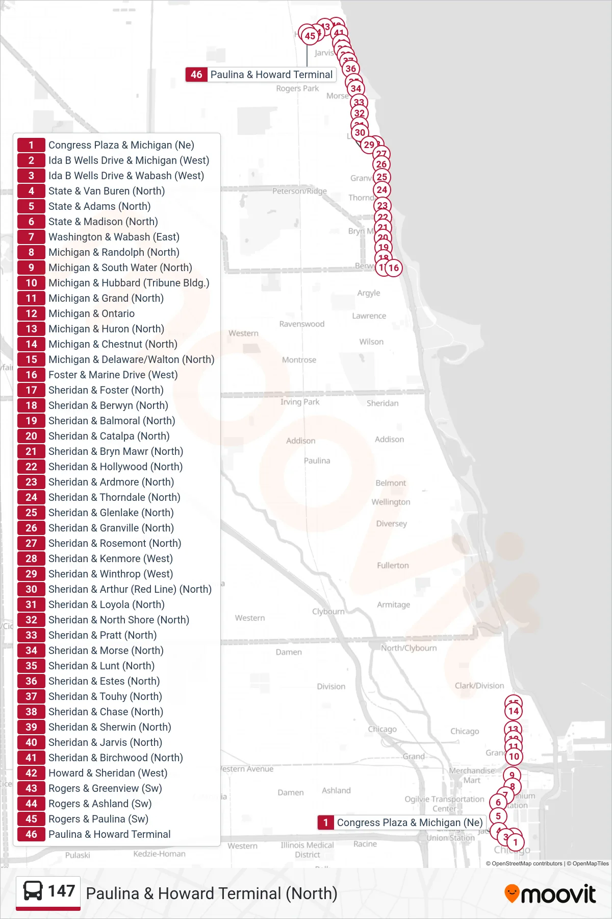 147 bus Line (Paulina & Howard Terminal (North)) route and stops on a map