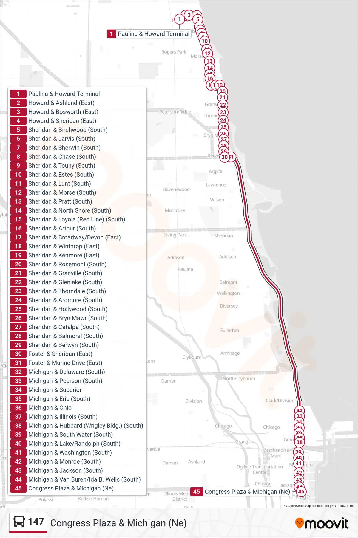 147 bus Line (Congress Plaza & Michigan (Ne)) route and stops on a map