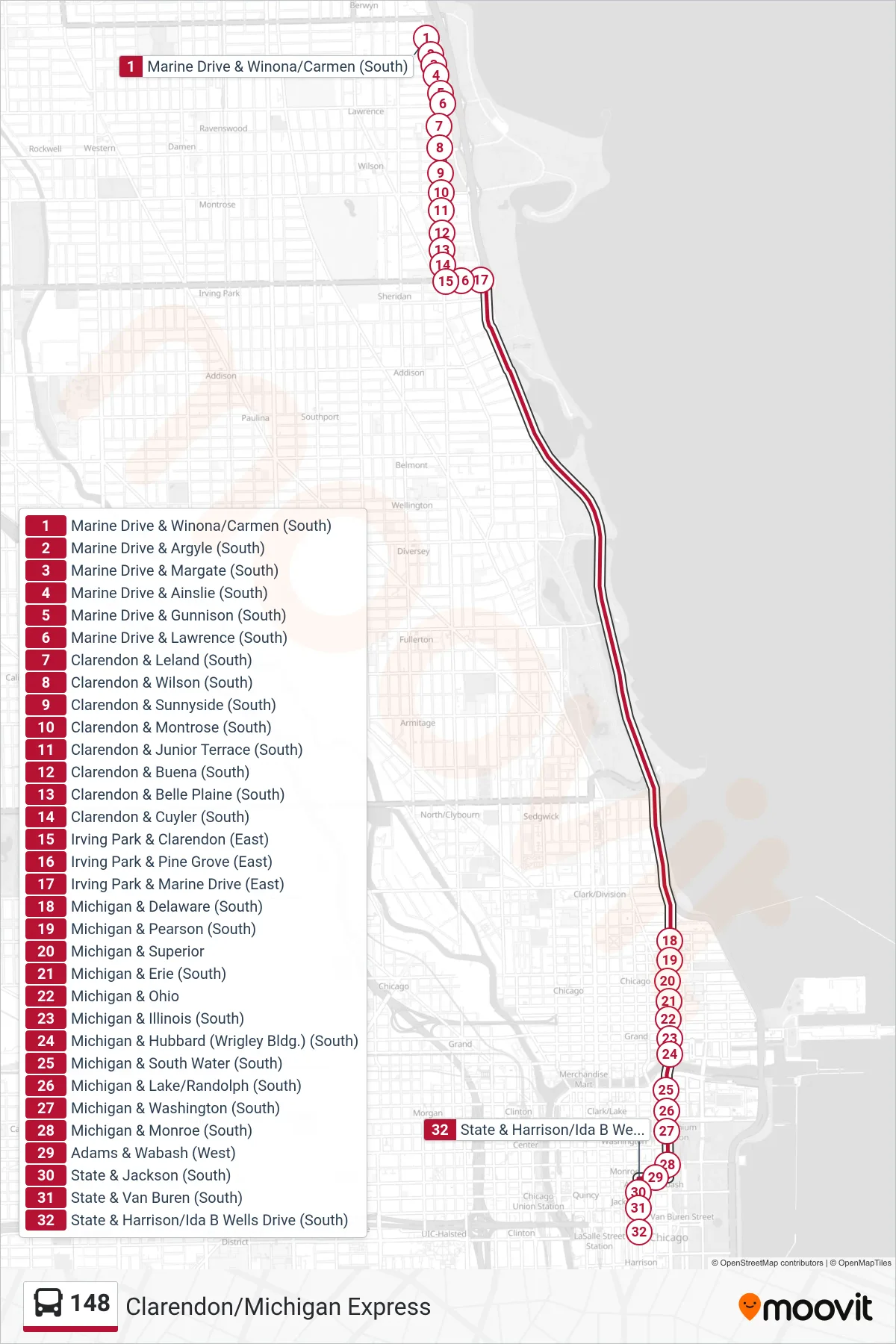148 bus Line (State & Harrison/Ida B Wells Drive (South)) route and stops on a map