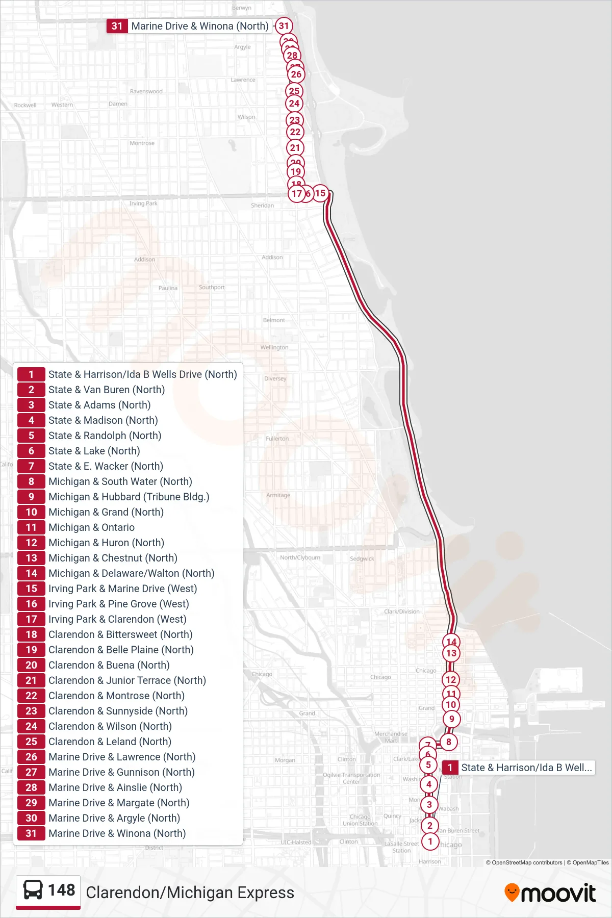 148 bus Line (Marine Drive & Winona (North)) route and stops on a map