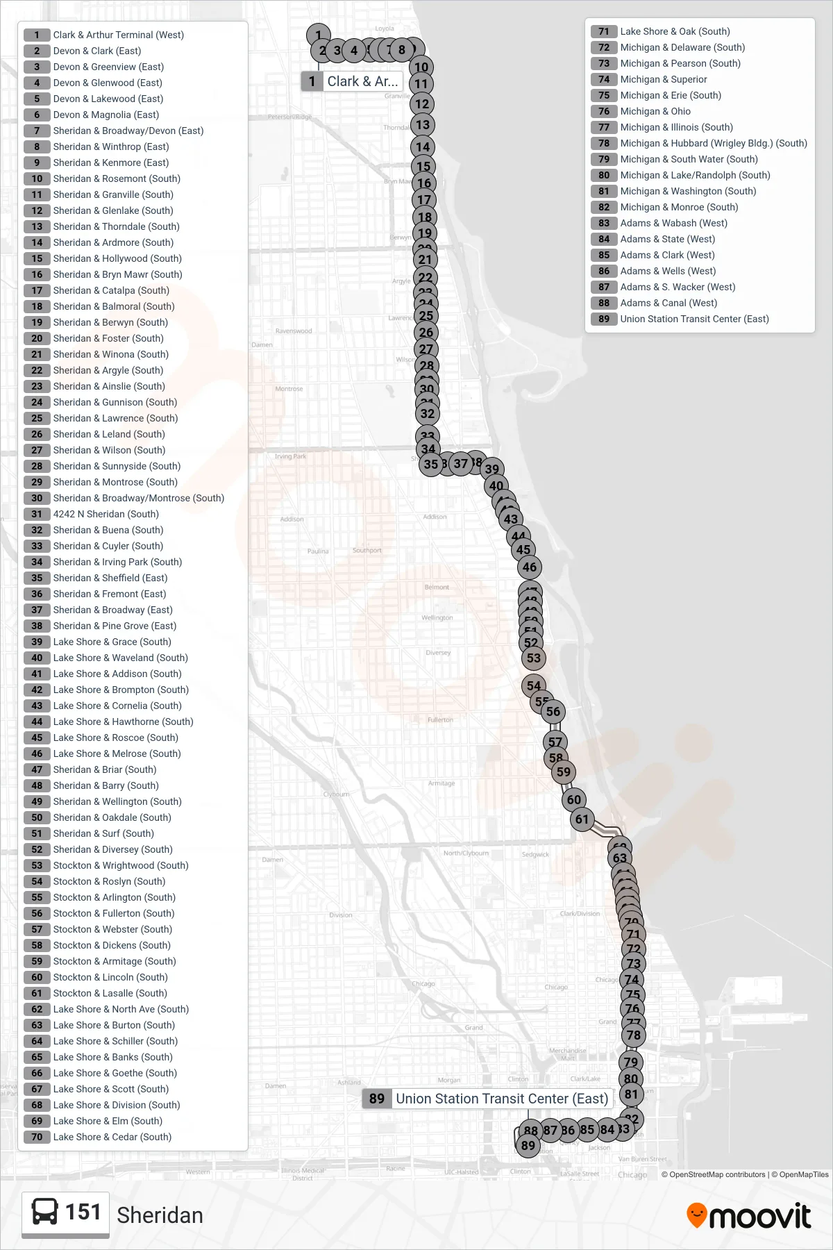 151 bus Line (Union Station Transit Center (East)) route and stops on a map