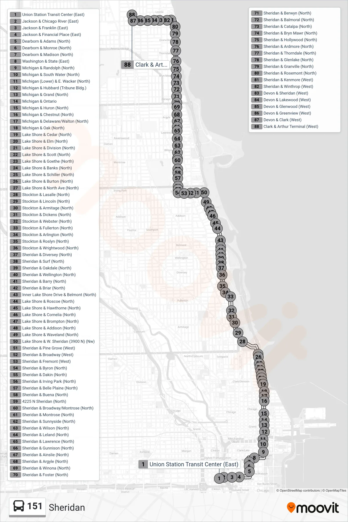 151 bus Line (Clark & Arthur Terminal (West)) route and stops on a map