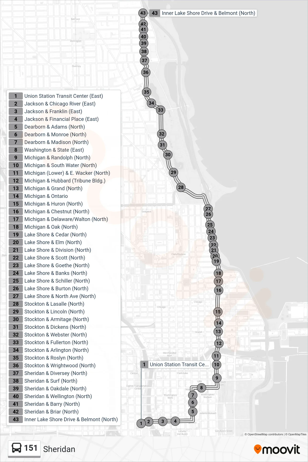 151 bus Line (Inner Lake Shore Drive & Belmont (North)) route and stops on a map