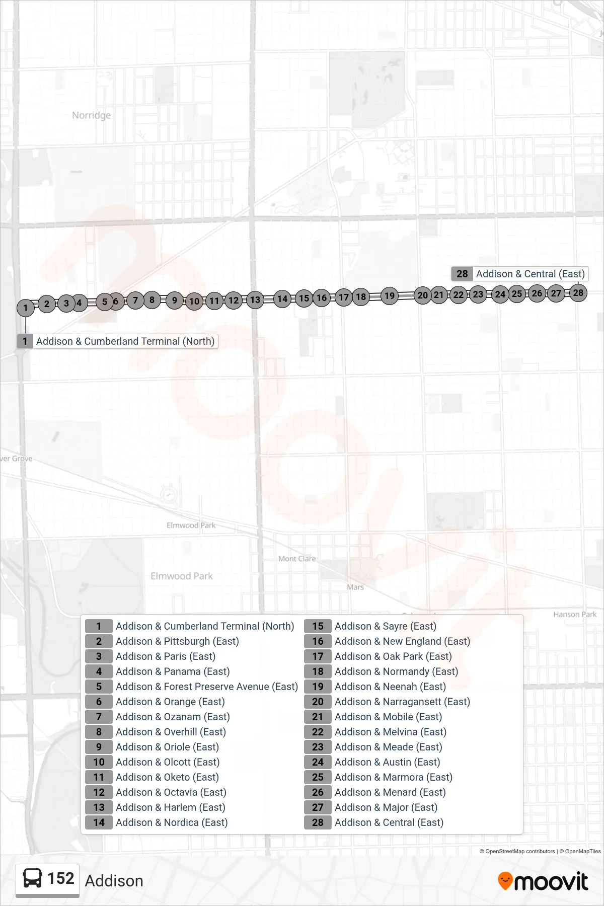 152 bus Line (Addison & Central (East)) route and stops on a map