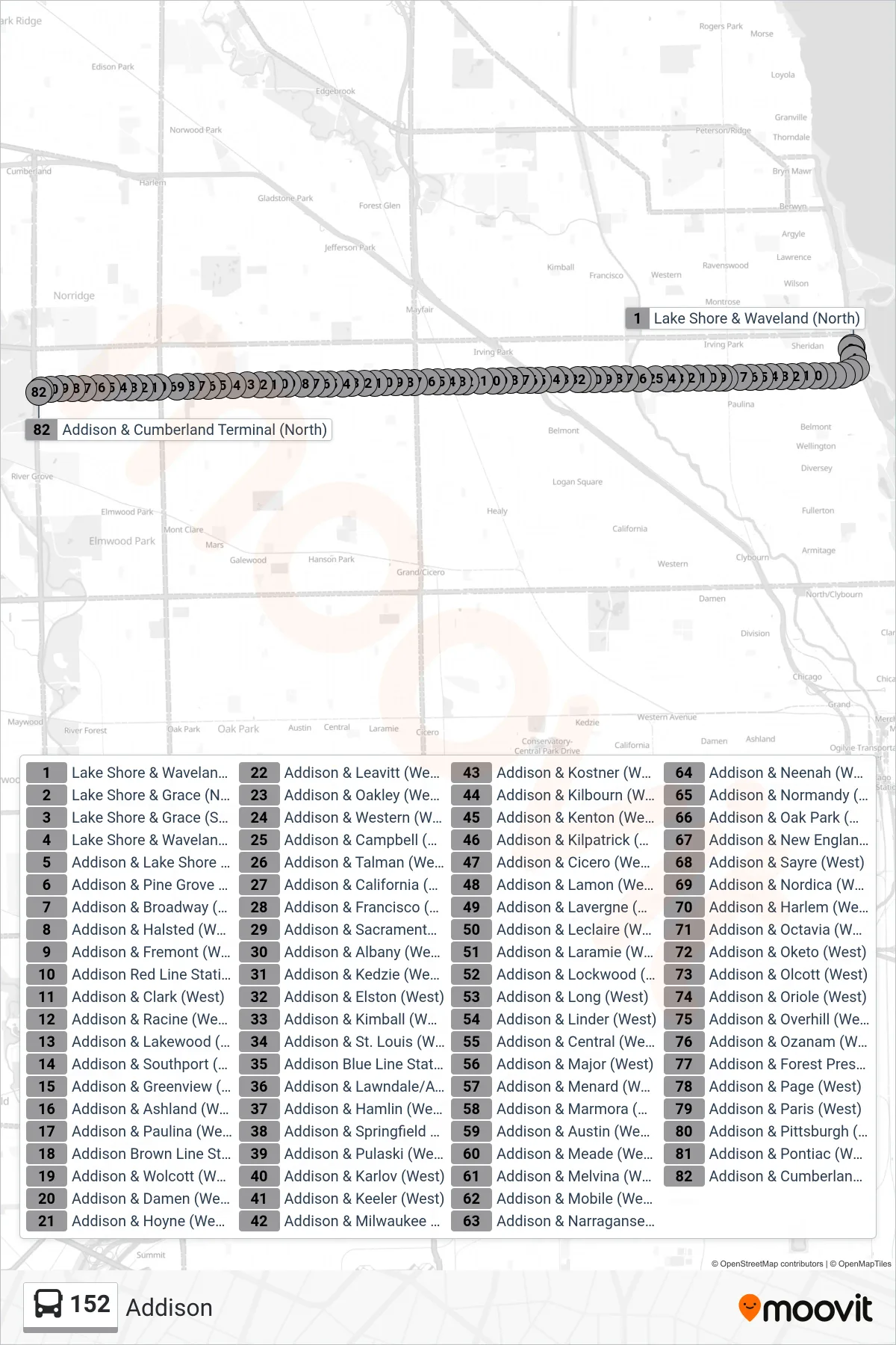 152 bus Line (Addison & Cumberland Terminal (North)) route and stops on a map