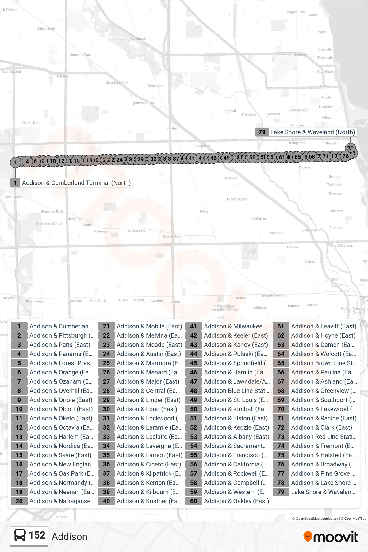152 bus Line (Lake Shore & Waveland (North)) route and stops on a map