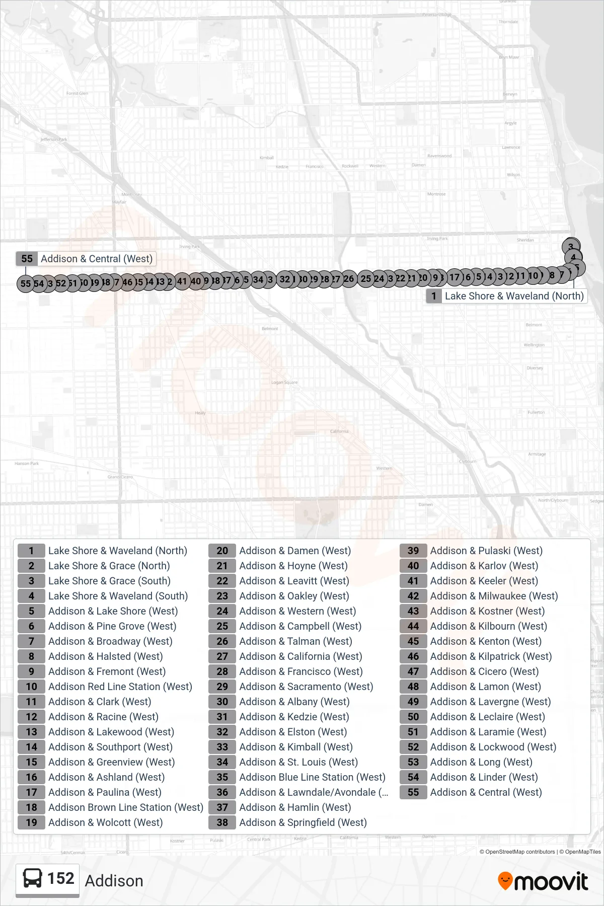 152 bus Line (Addison & Central (West)) route and stops on a map