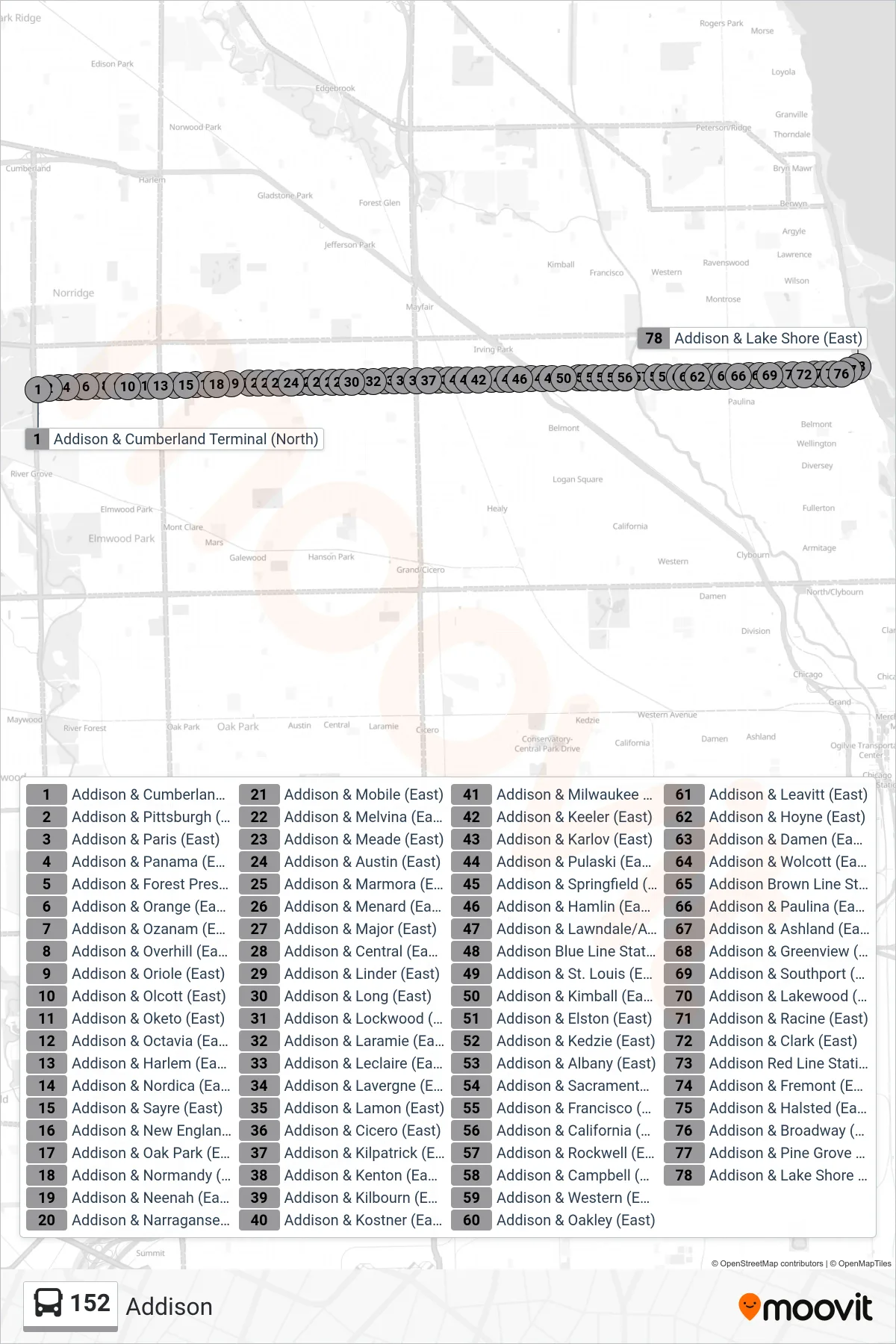 152 bus Line (Addison & Lake Shore (East)) route and stops on a map
