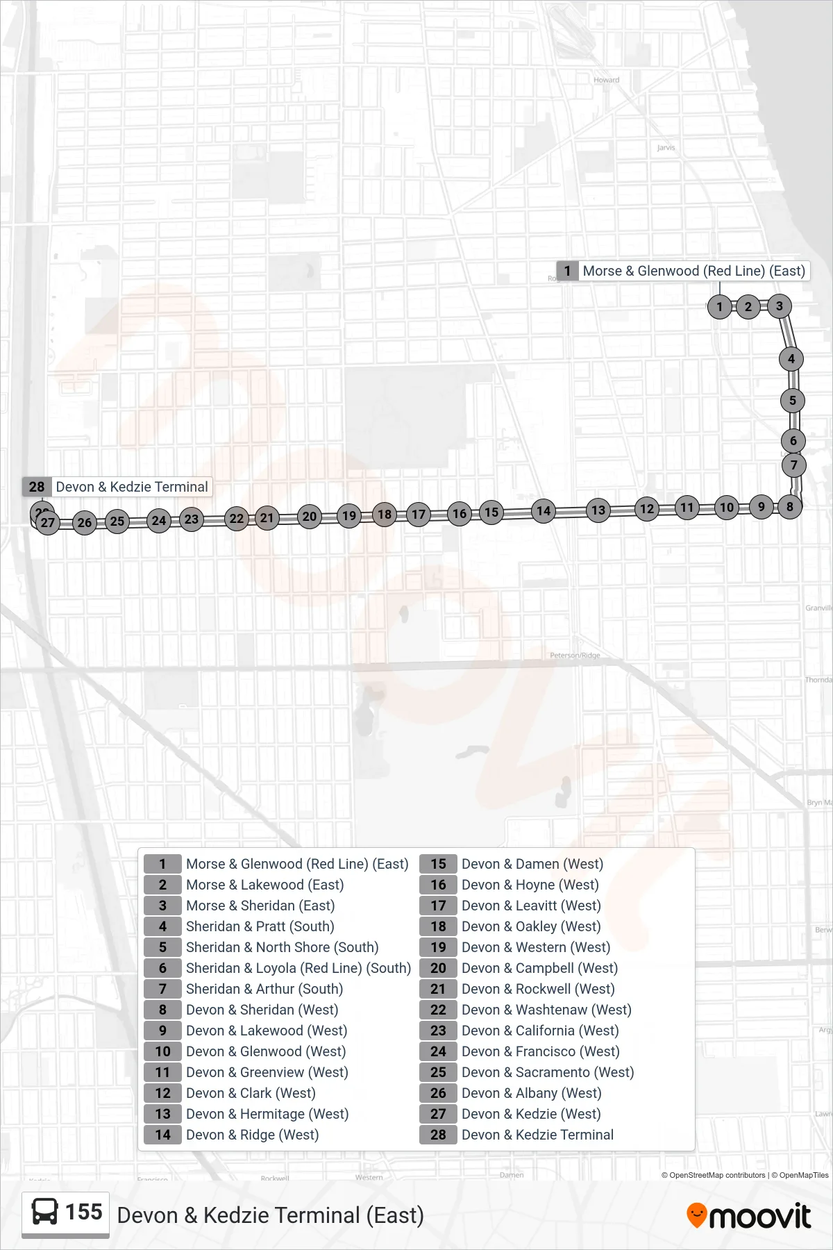 155 bus Line (Devon & Kedzie Terminal (East)) route and stops on a map