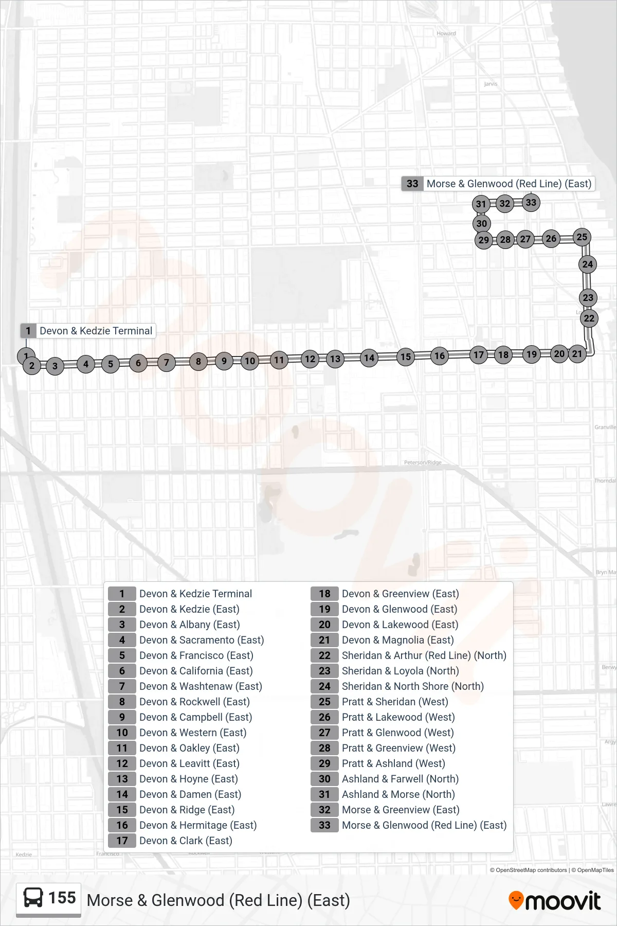 155 bus Line (Morse & Glenwood (Red Line) (East)) route and stops on a map