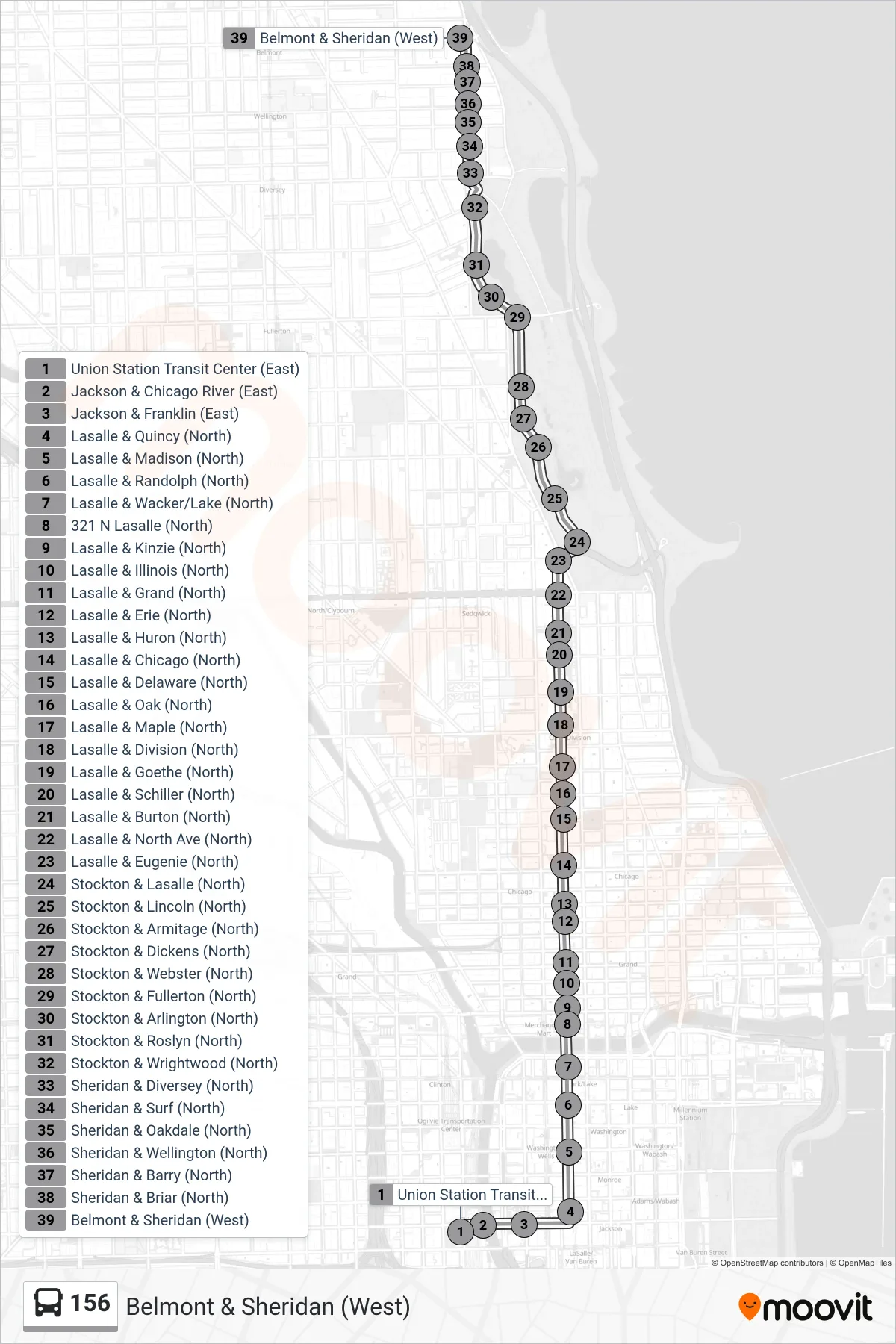 156 bus Line (Belmont & Sheridan (West)) route and stops on a map
