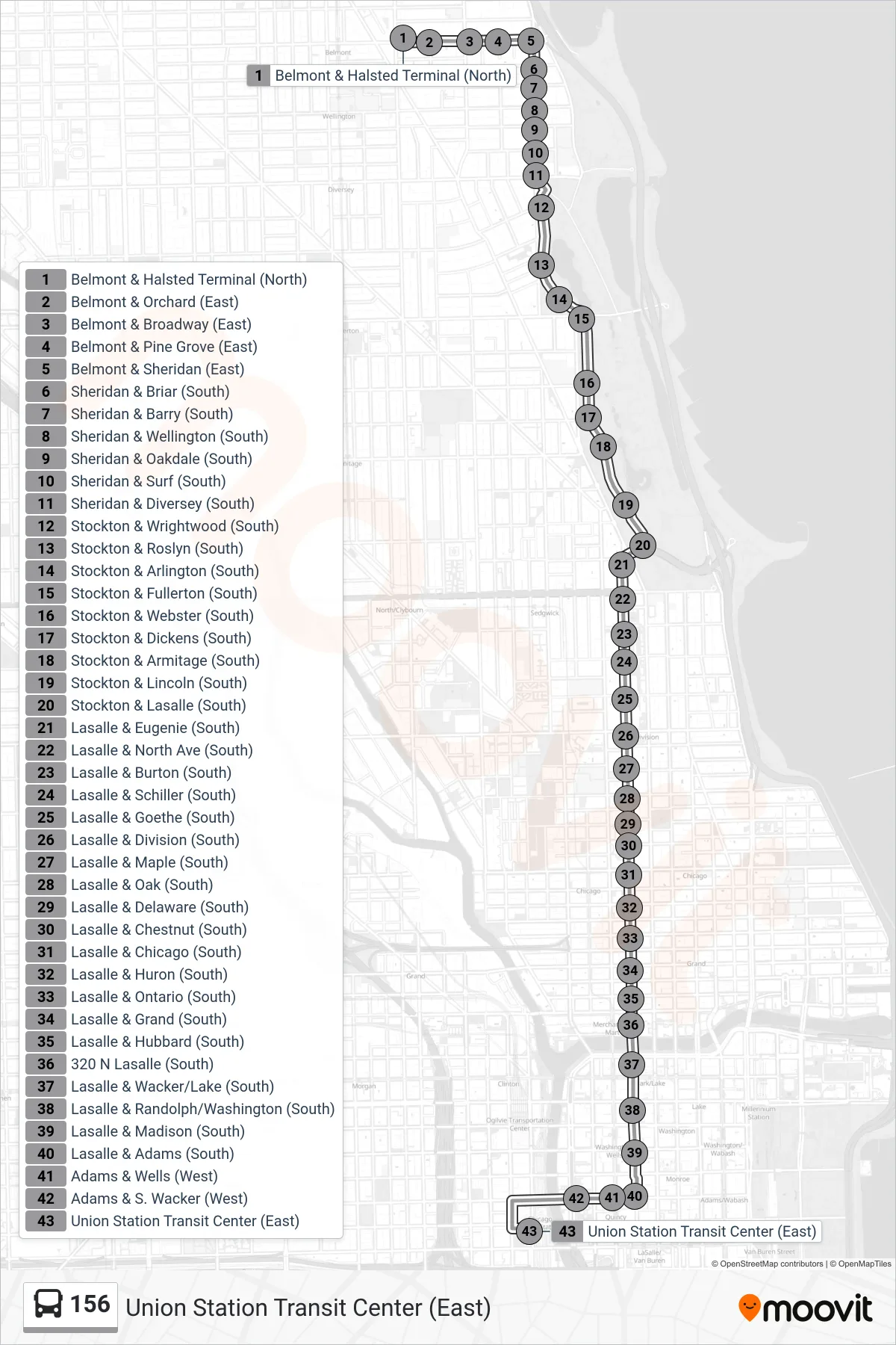 156 bus Line (Union Station Transit Center (East)) route and stops on a map