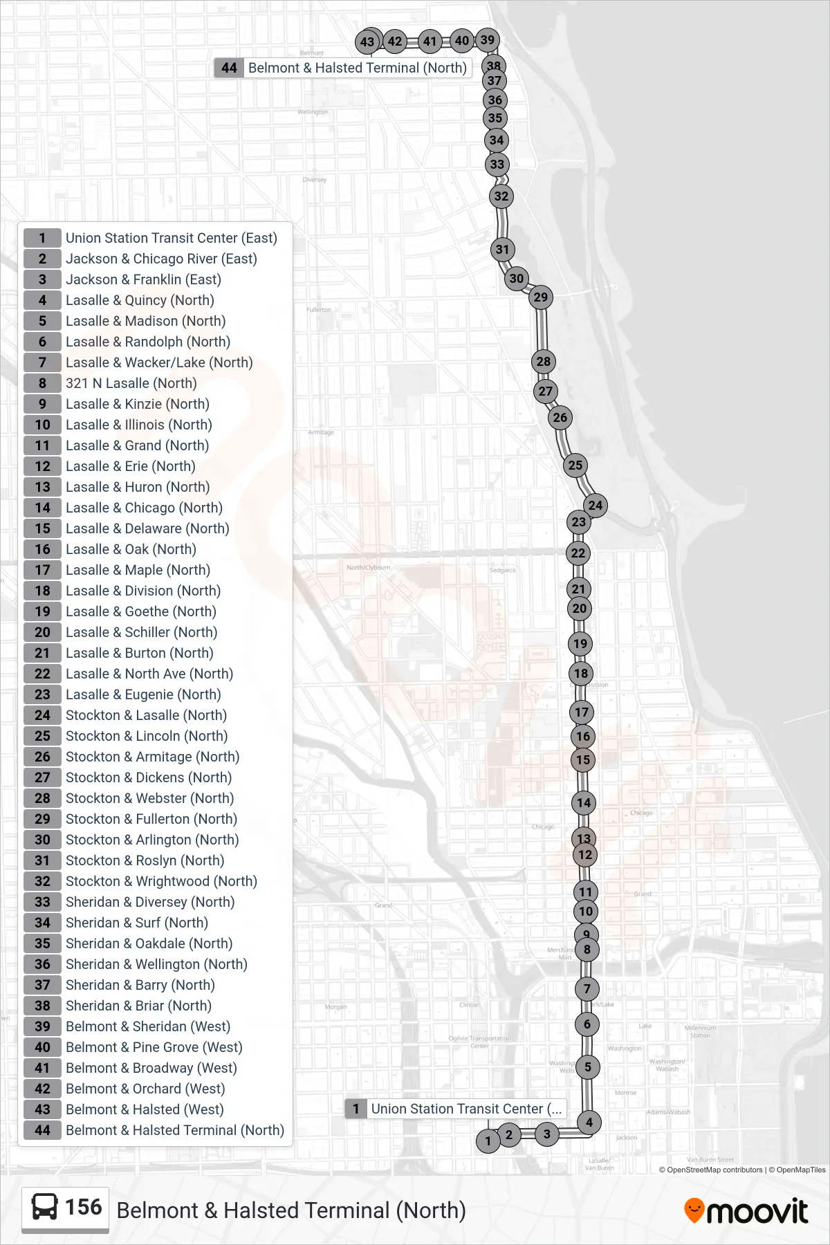 156 bus Line (Belmont & Halsted Terminal (North)) route and stops on a map