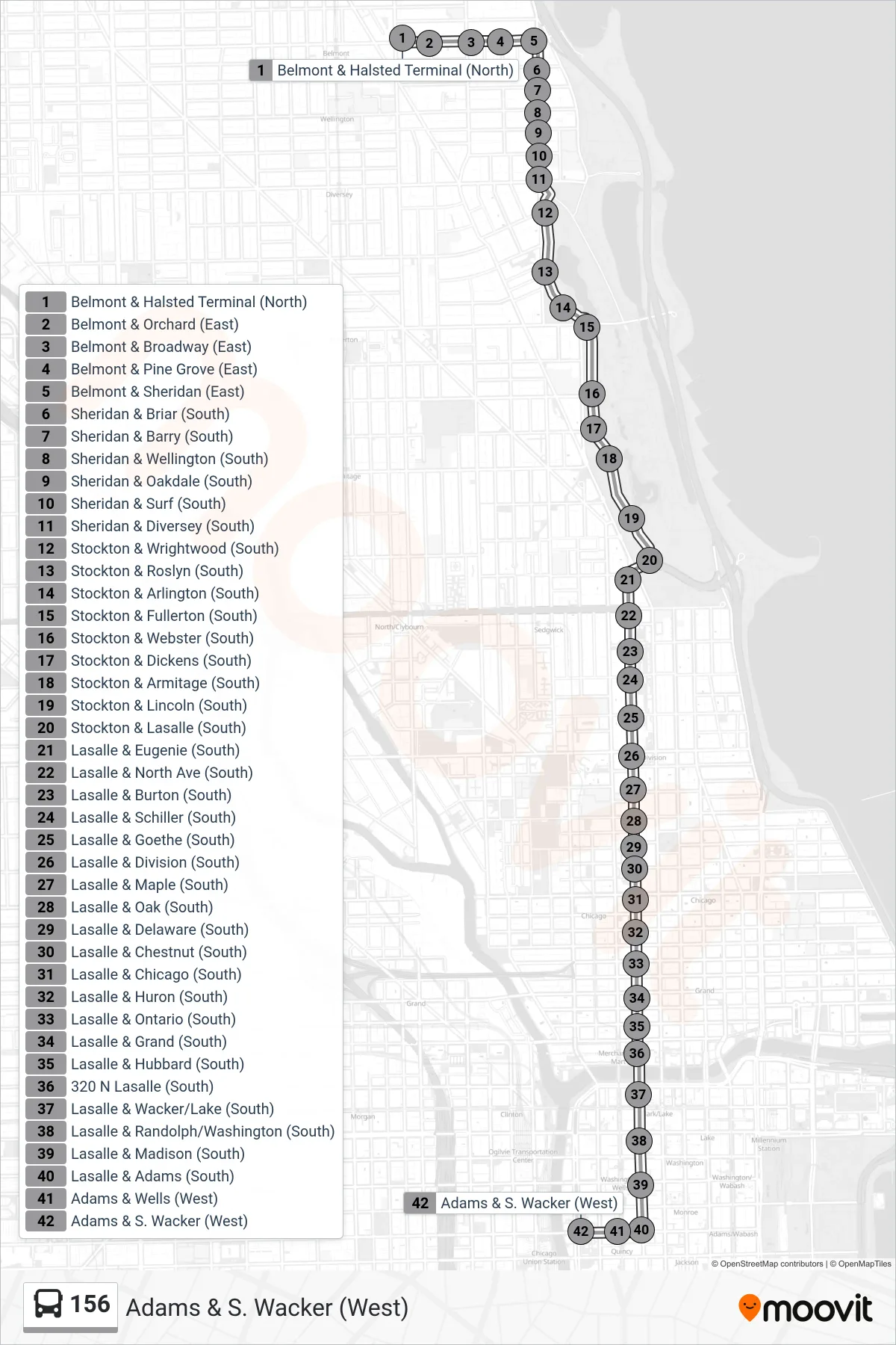 156 bus Line (Adams & S. Wacker (West)) route and stops on a map