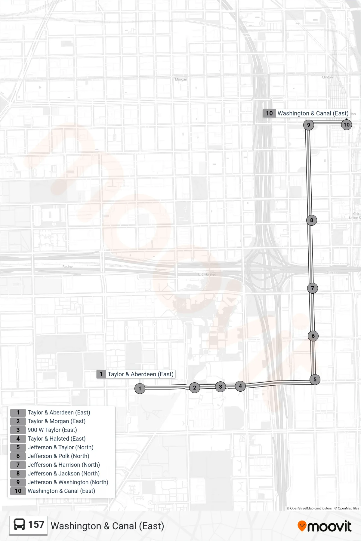 157 bus Line (Washington & Canal (East)) route and stops on a map