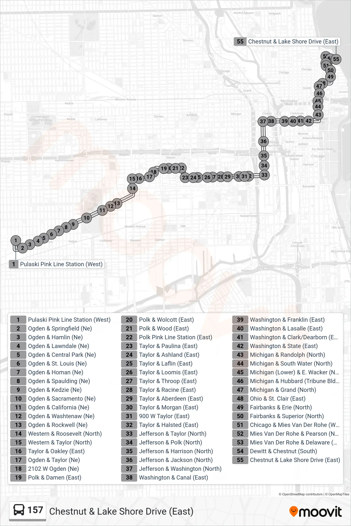 157 bus Line (Chestnut & Lake Shore Drive (East)) route and stops on a map
