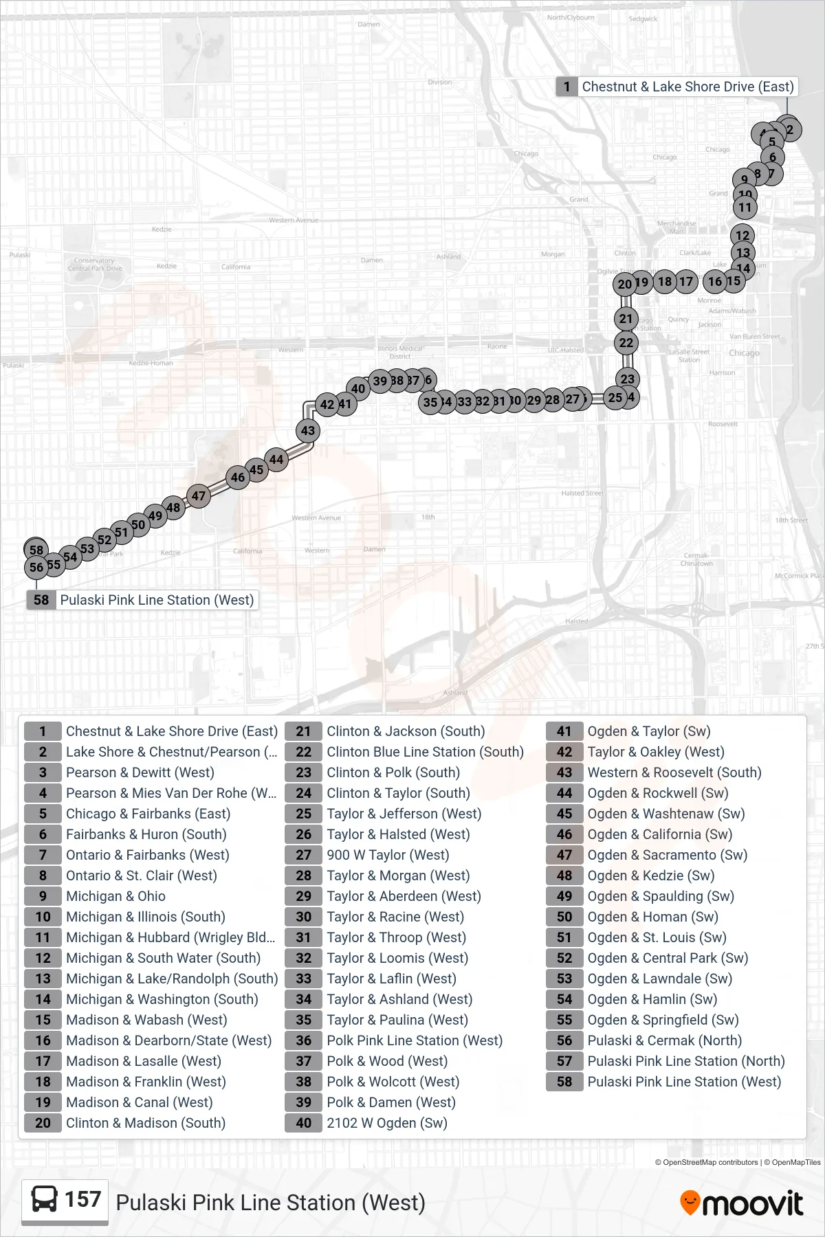 157 bus Line (Pulaski Pink Line Station (West)) route and stops on a map