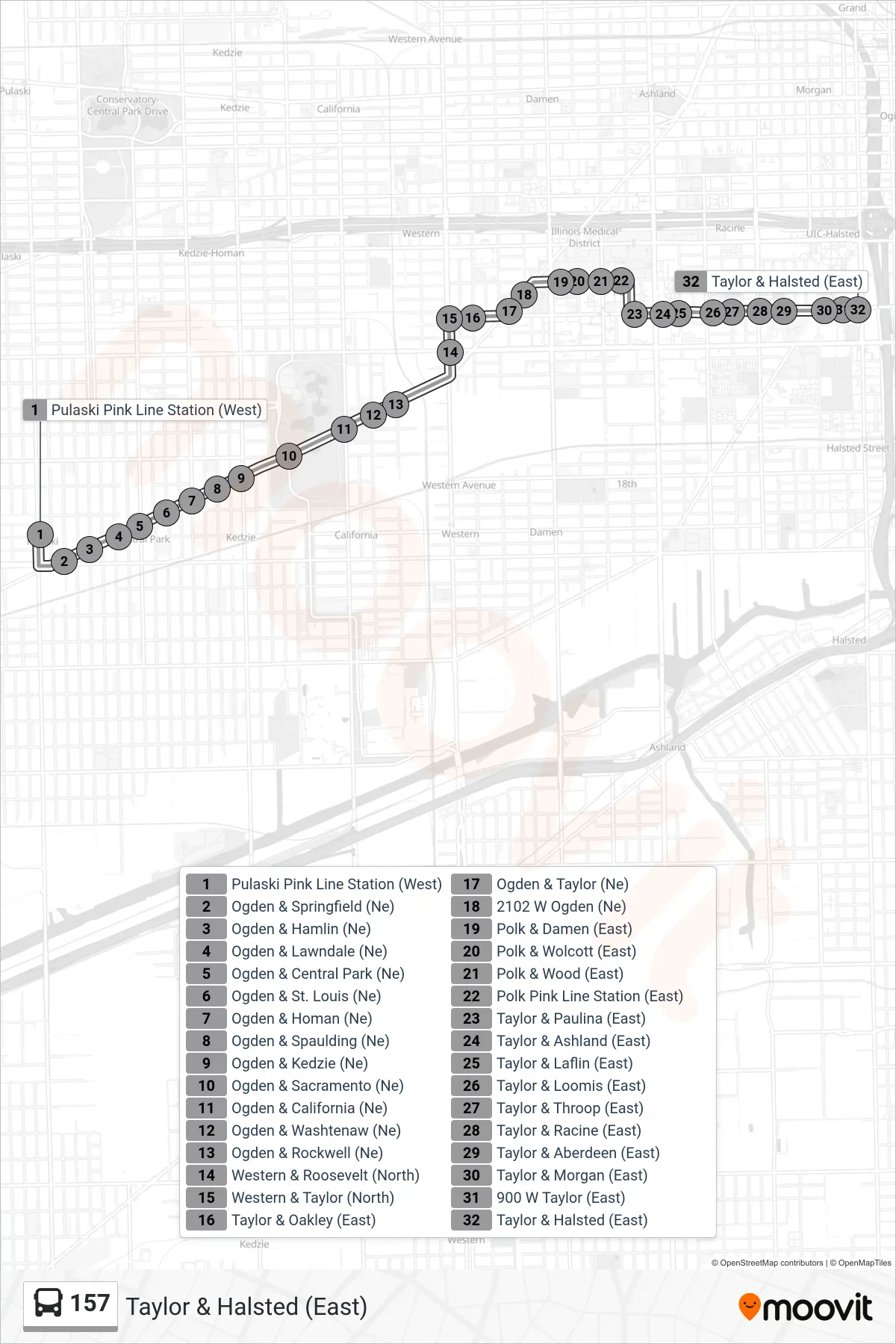 157 bus Line (Taylor & Halsted (East)) route and stops on a map