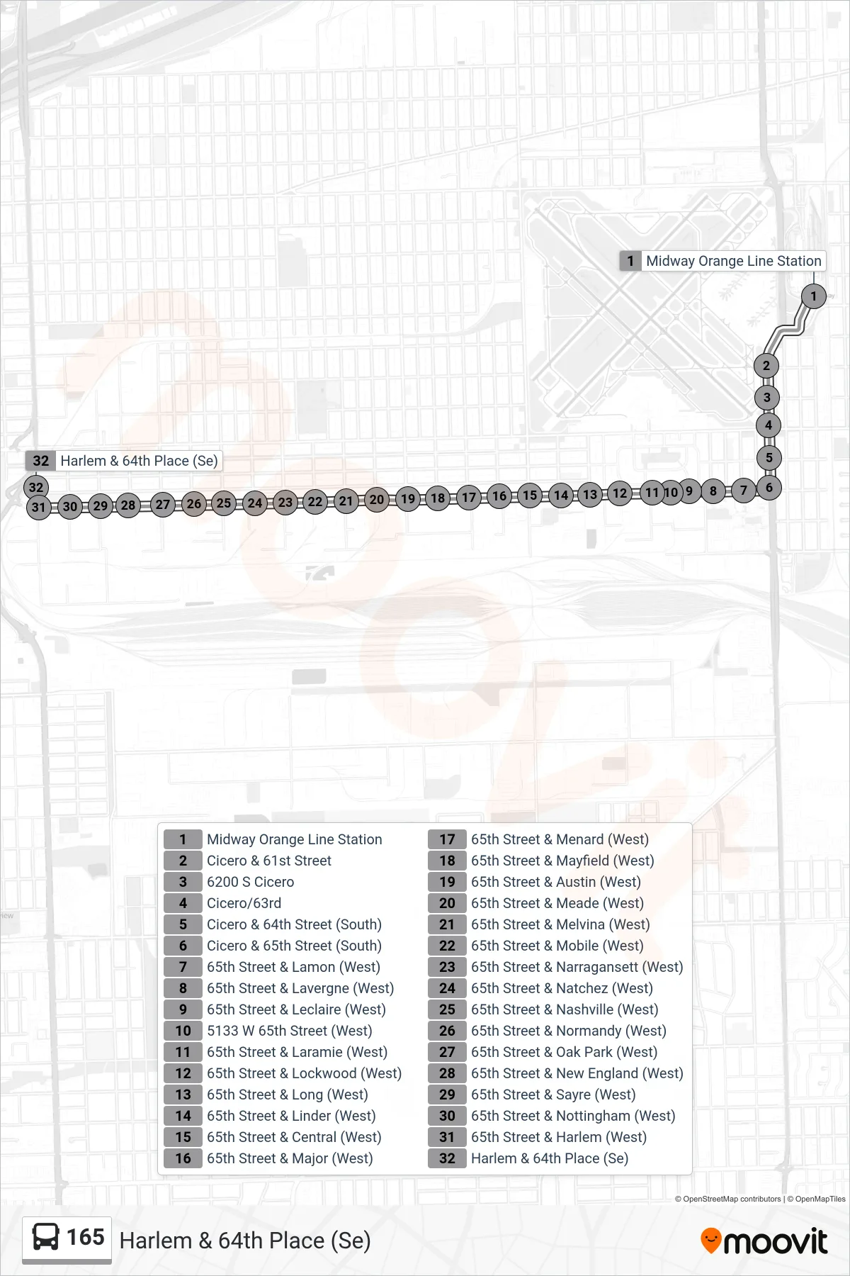 165 bus Line (Harlem & 64th Place (Se)) route and stops on a map