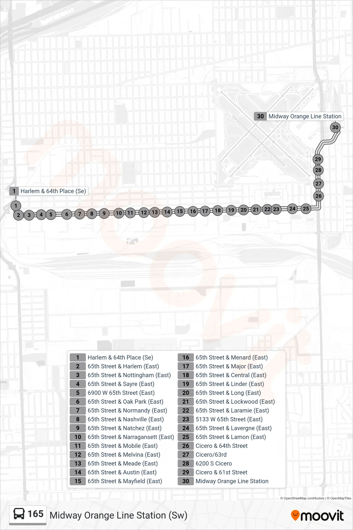 165 bus Line (Midway Orange Line Station (Sw)) route and stops on a map