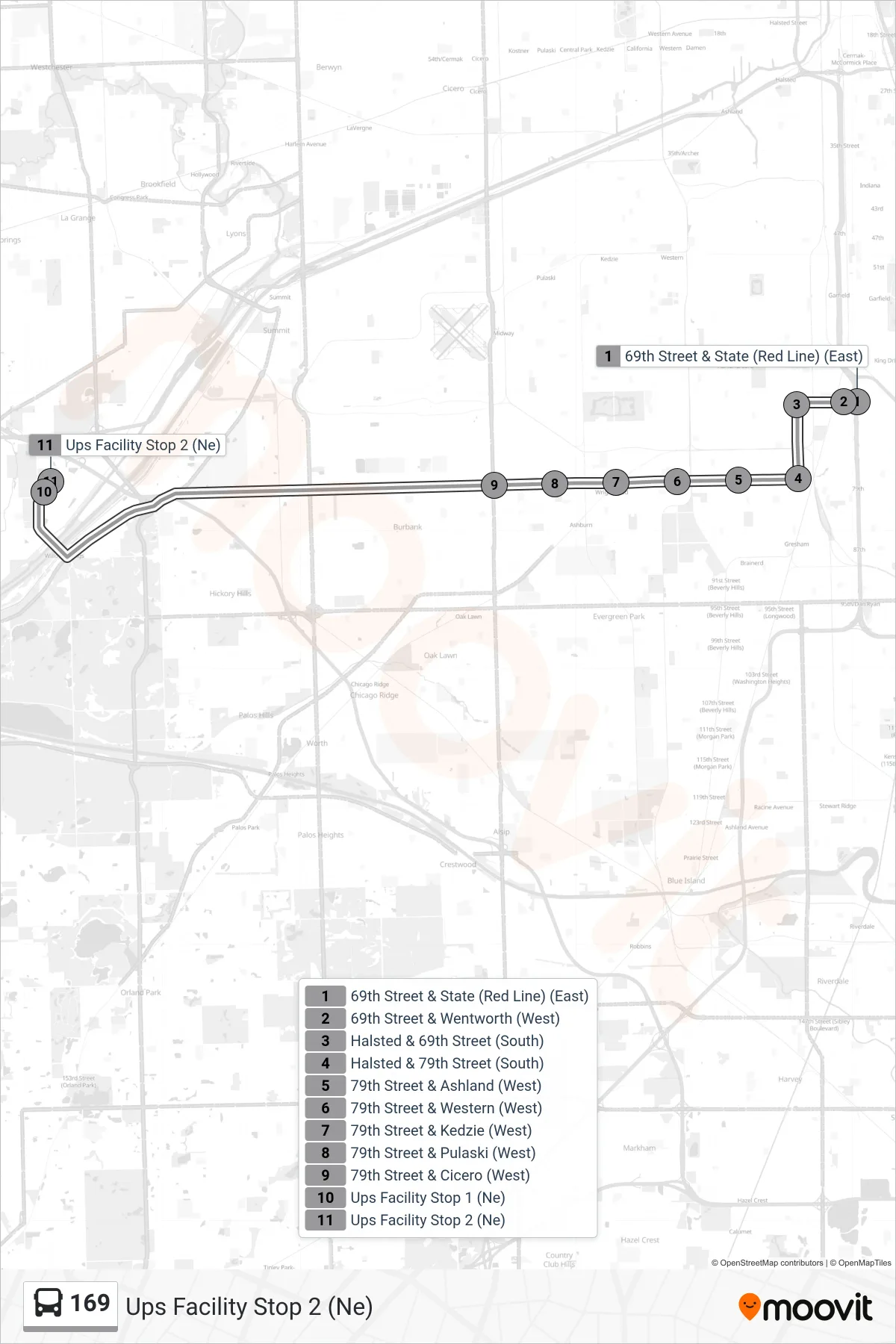 169 bus Line (Ups Facility Stop 2 (Ne)) route and stops on a map