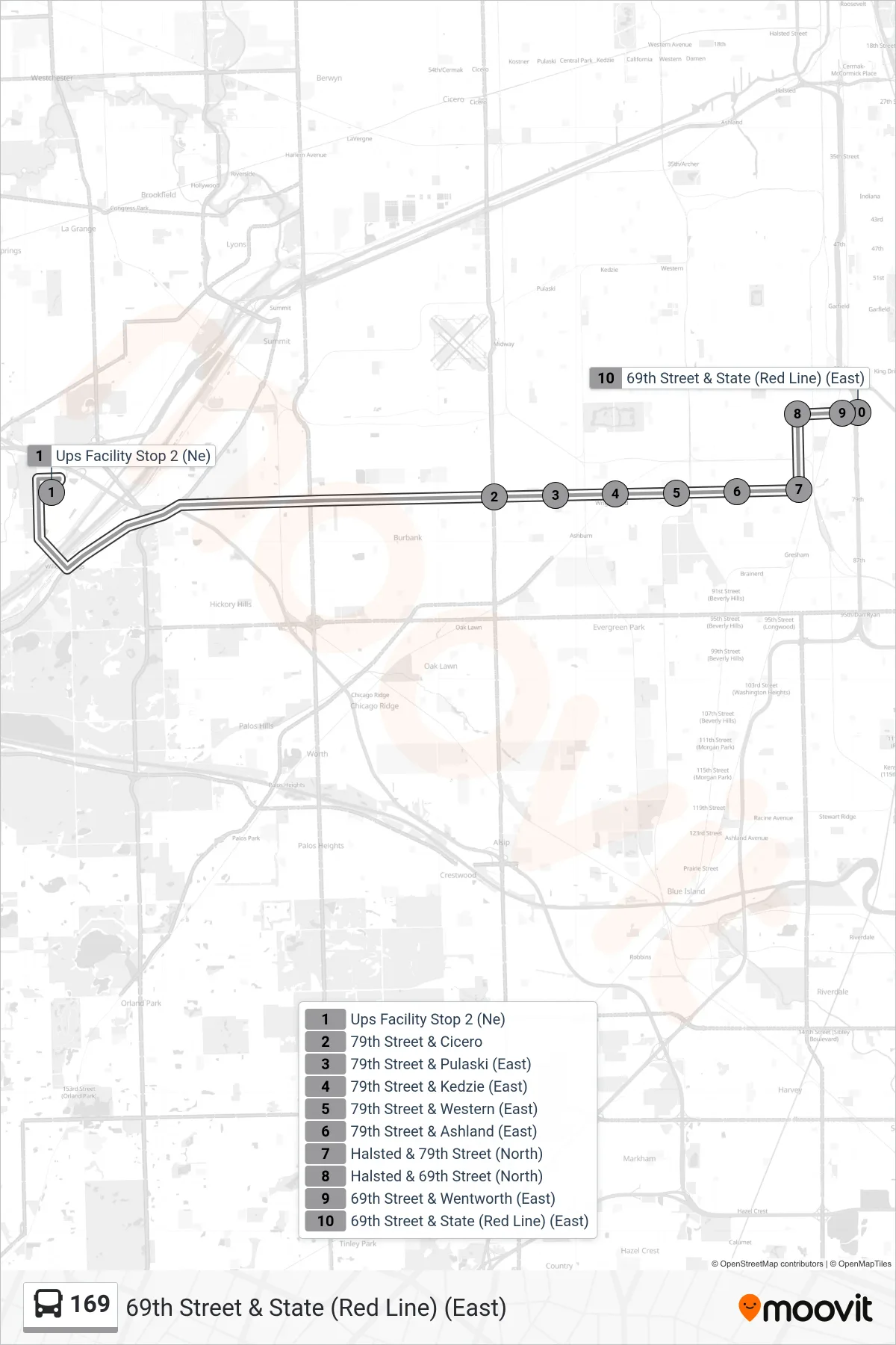 169 bus Line (69th Street & State (Red Line) (East)) route and stops on a map