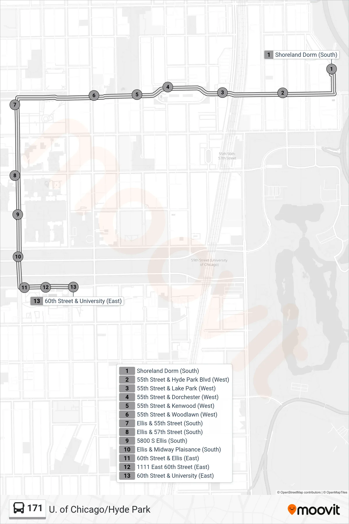 171 bus Line (60th Street & University (East)) route and stops on a map