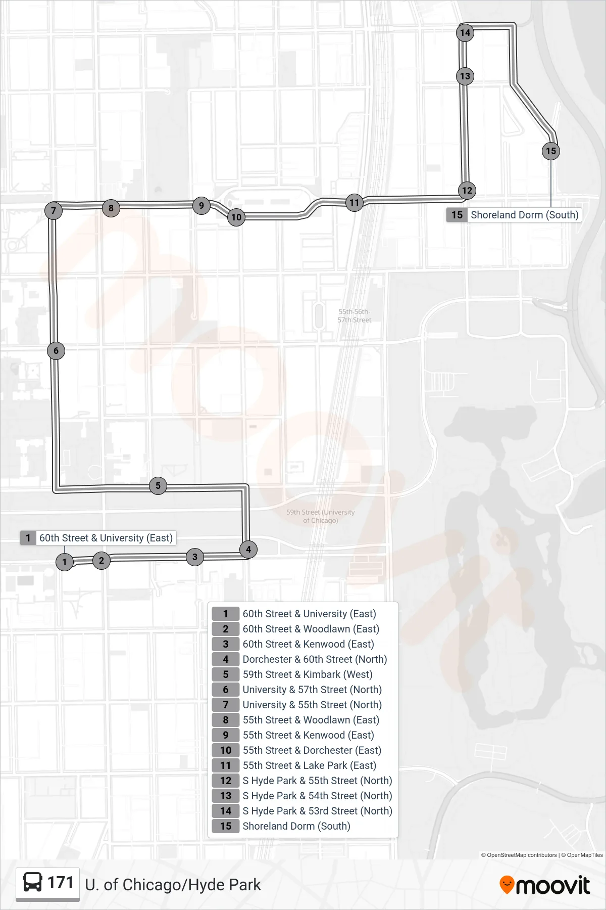 171 bus Line (Shoreland Dorm (South)) route and stops on a map