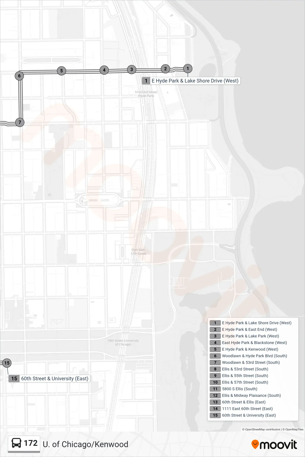 172 bus Line (60th Street & University (East)) route and stops on a map