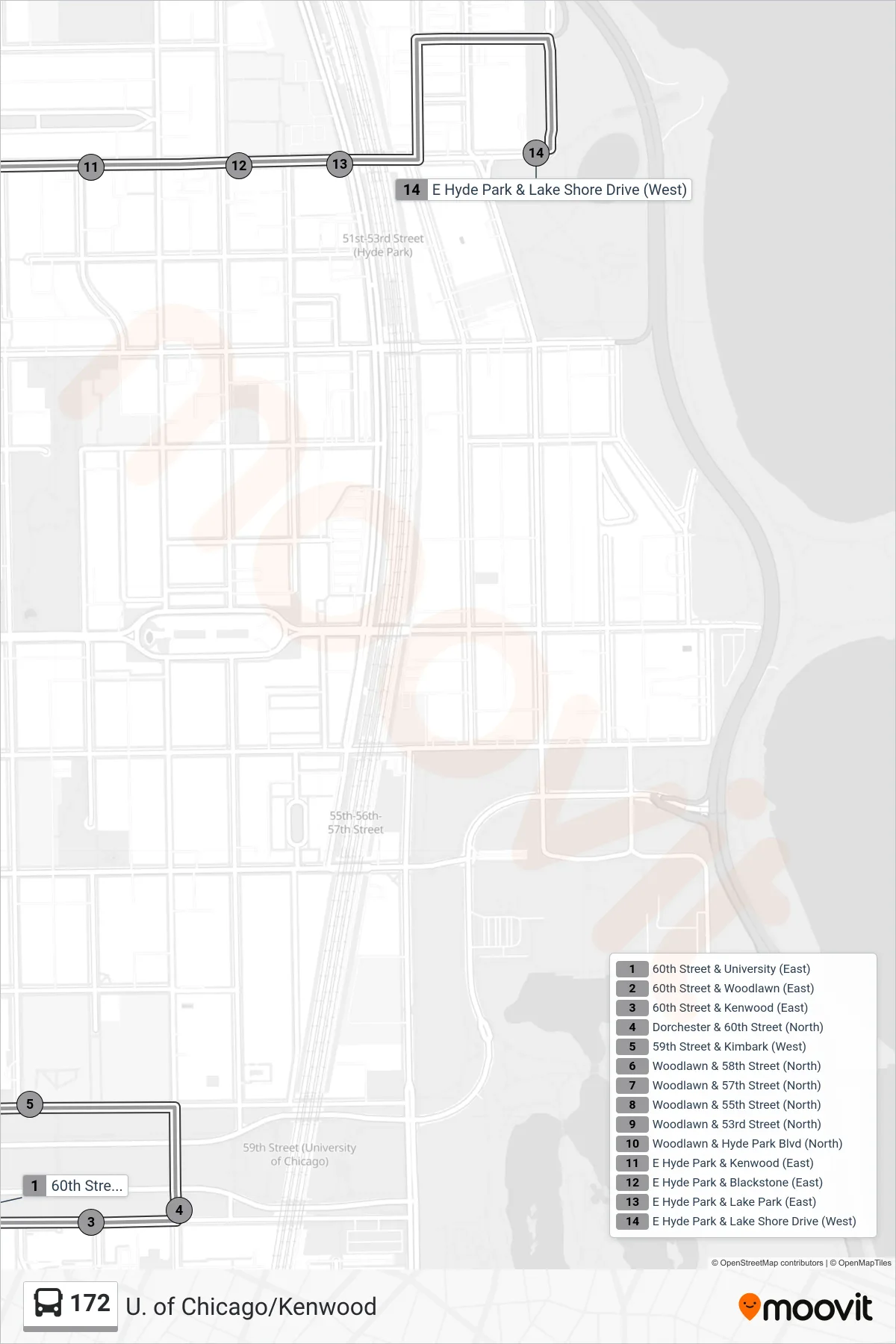 172 bus Line (E Hyde Park & Lake Shore Drive (West)) route and stops on a map