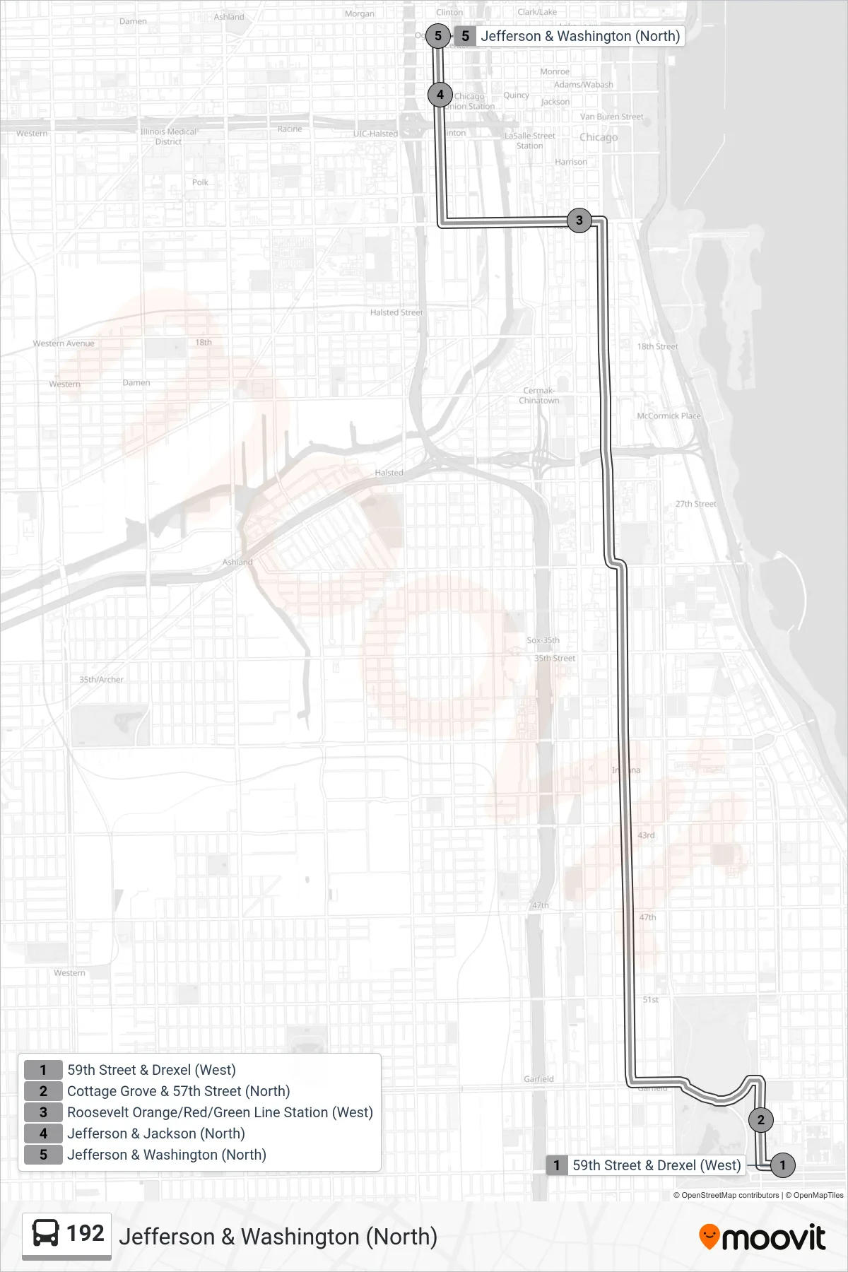 192 bus Line (Jefferson & Washington (North)) route and stops on a map