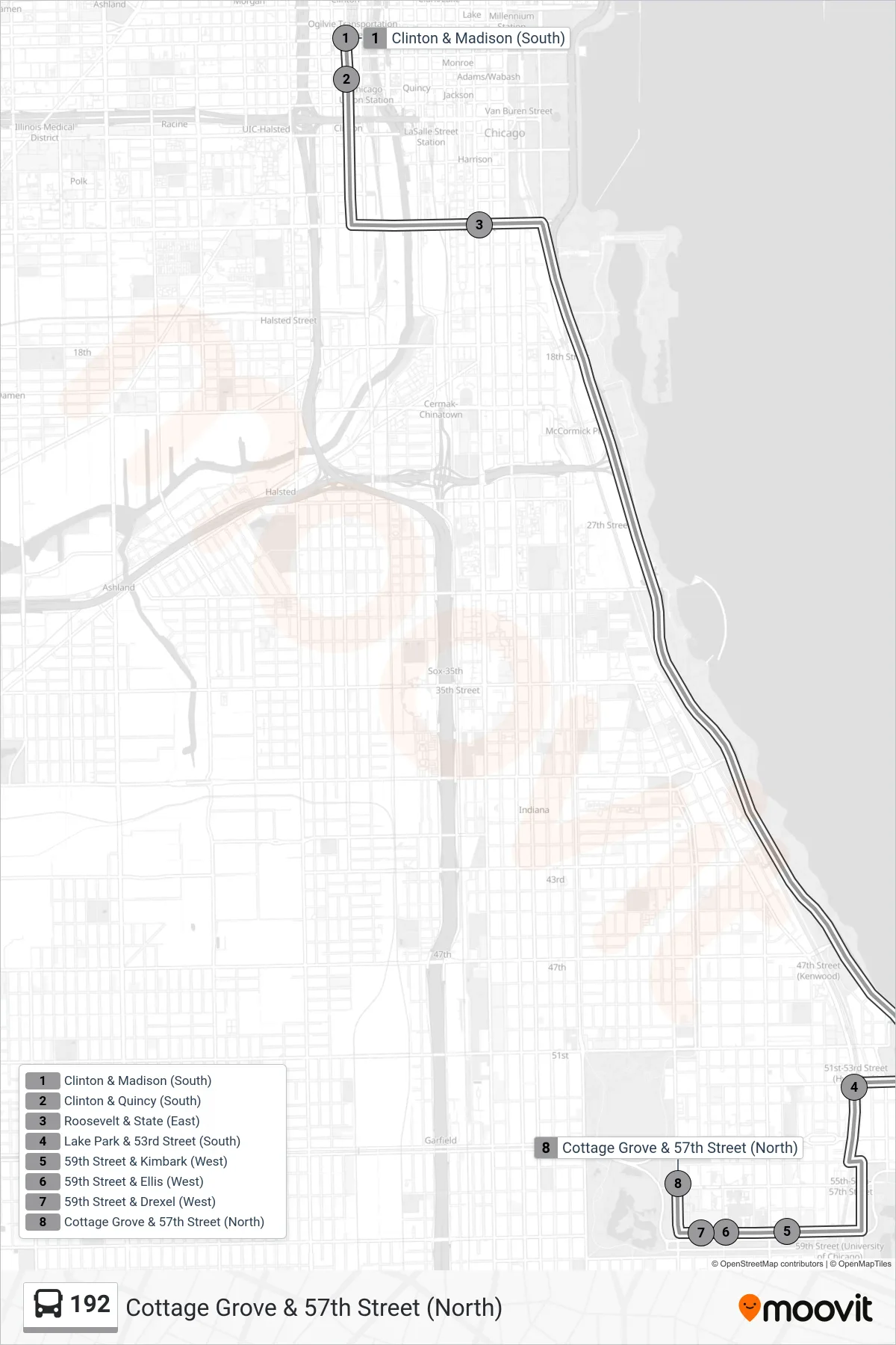 192 bus Line (Cottage Grove & 57th Street (North)) route and stops on a map