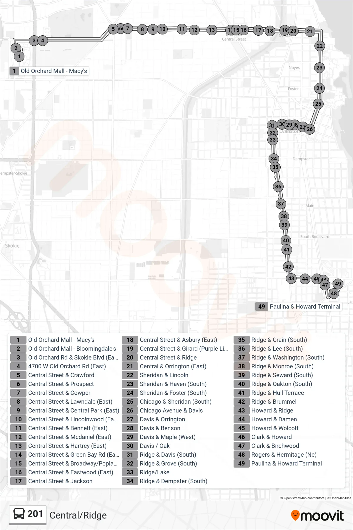 201 bus Line (Paulina & Howard Terminal (North)) route and stops on a map
