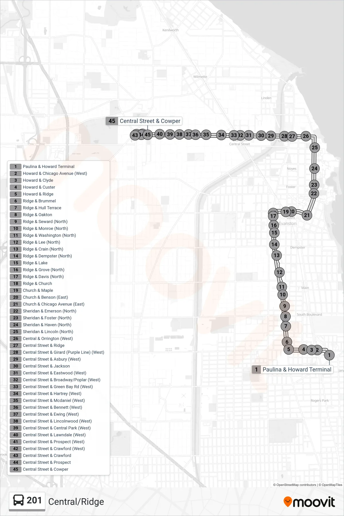 201 bus Line (Central Street & Cowper) route and stops on a map