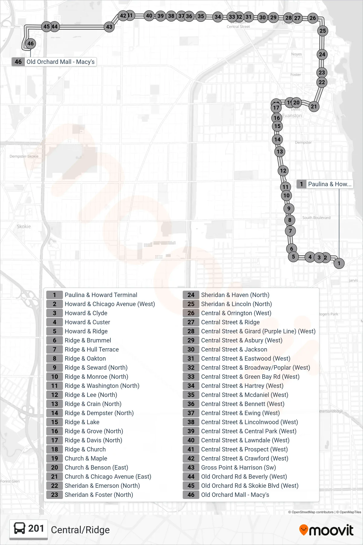 201 bus Line (Old Orchard Mall - Macys (North)) route and stops on a map