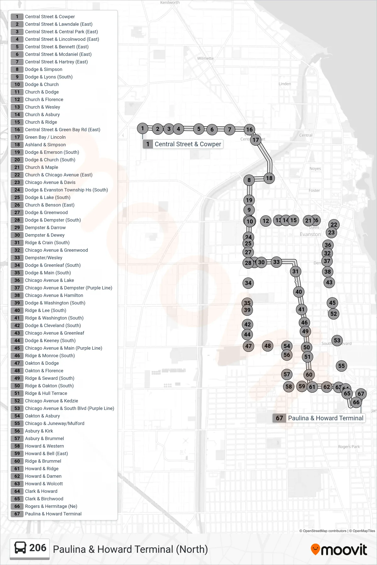 206 bus Line (Paulina & Howard Terminal (North)) route and stops on a map