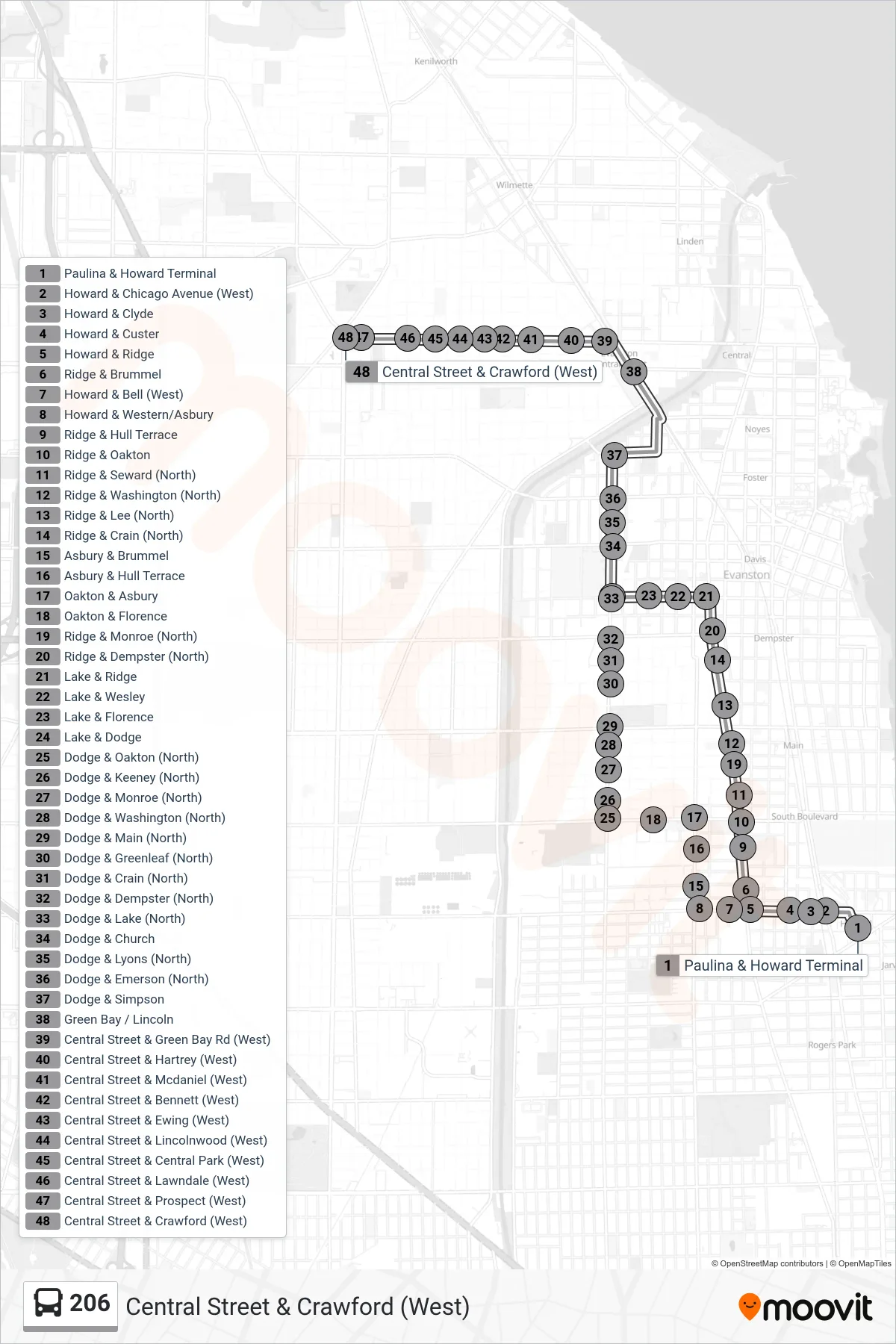 206 bus Line (Central Street & Crawford (West)) route and stops on a map
