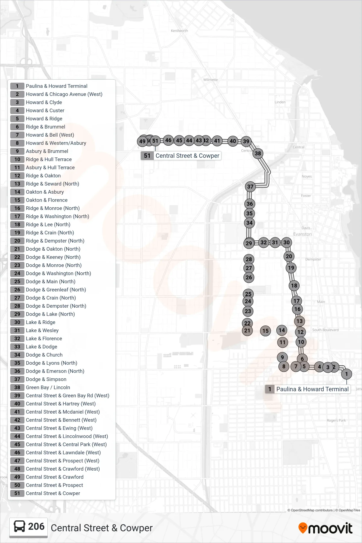 206 bus Line (Central Street & Cowper) route and stops on a map