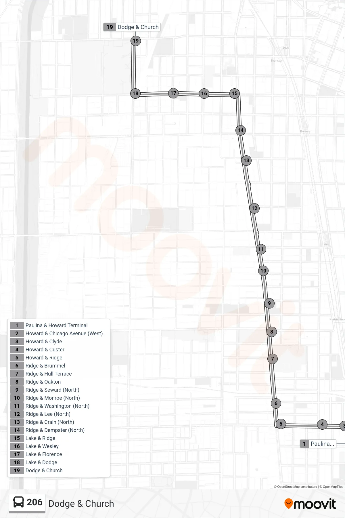 206 bus Line (Dodge & Church) route and stops on a map