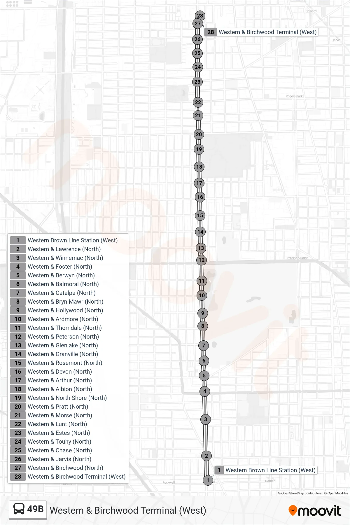 49B bus Line (Western & Birchwood Terminal (West)) route and stops on a map